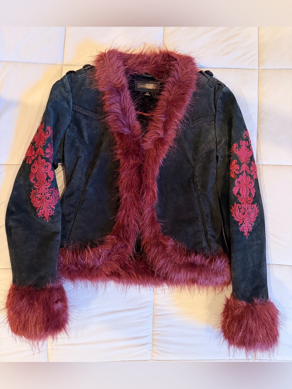 Wilsons Leather Black Suede Jacket with Burgundy Faux Fur Trim
